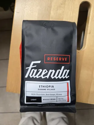 A Fazenda Ethiopia Duram Village coffee bag photographed on a counter.