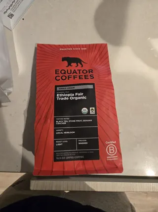 An Equator Coffees Ethiopia bag photographed before brewing.